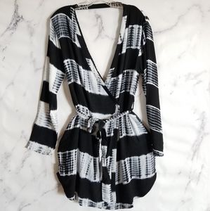 Line & Dot Tie-Dye Belted  cover up Wrap Dress